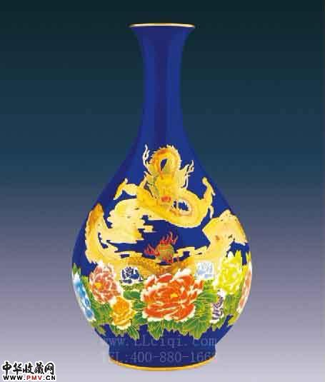 龙腾盛世玉壶春瓶（御蓝），红官窑宝石蓝花瓶，龙年陶瓷花瓶，龙年礼品