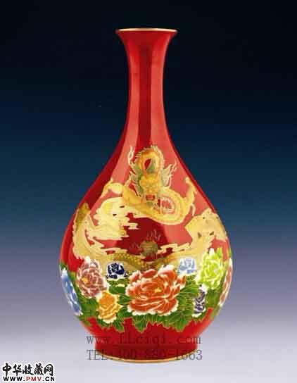 中国红瓷龙腾盛世玉壶春瓶，龙年花瓶，红官窑新款龙年礼品