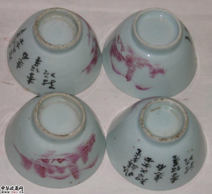 胭脂红山水定烧盅一套(四只) 胭脂红山水定烧盅一套(四只)