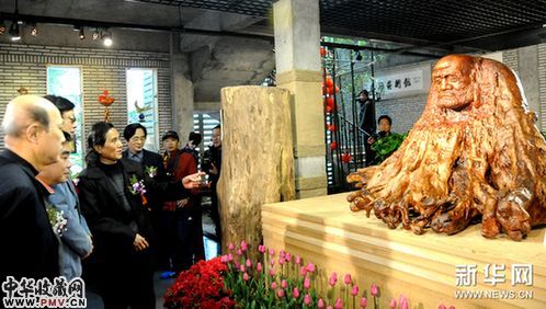 3月1日，中国工艺美术大师林学善（左四）在向参观者讲解自己的雕刻作品《蒲团达摩》。新华网图片 沈汝发 摄