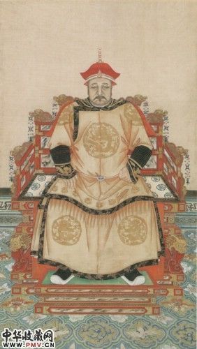 无款设色《皇太极坐像图》轴。