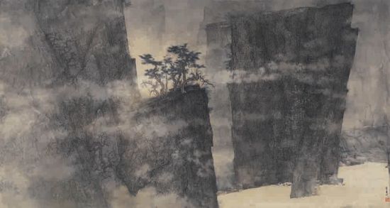 作品《暮霭岩松》 设色纸本 2009