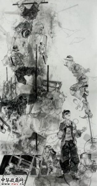 参展作品:李皓,童年纪事,240x120cm,水墨综合材料