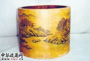 清康熙紫砂彩绘山水笔海