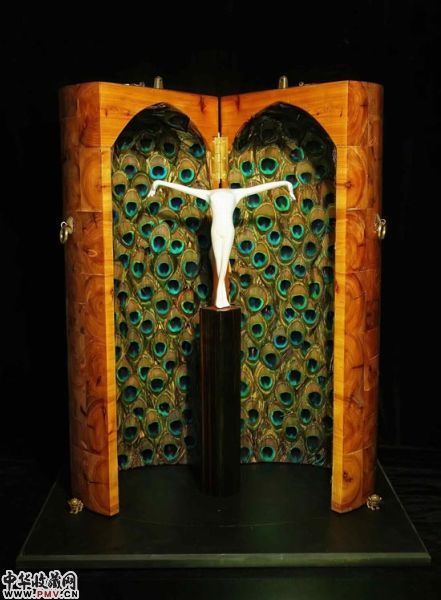 王浩作品《《目系列之?xuān》材料：孔雀毛 柏木 乌木