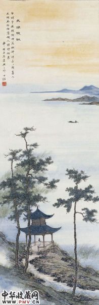 鲍少游《 太湖晚眺》,纸本设色 131cmx44厘米。