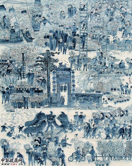 黑马瓷板画:青花花市
