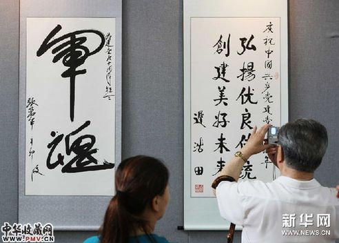 参观者在书画展现场拍摄书画作品。新华网图片 李方宇 摄