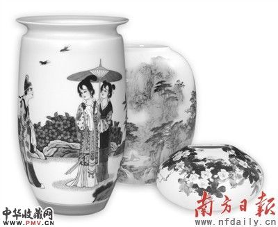 图为中国工艺美术大师戴荣华、李小聪和中国陶瓷艺术大师戚培才作品。