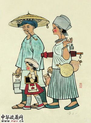 全家送我上学堂(黄永玉1960年套色木刻作品)