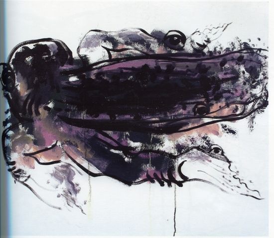 《莫・非》系列中的作品，画的尽是一些变形扭曲的青蛙。