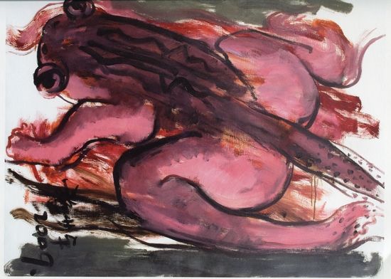 《莫・非》系列中的作品，画的尽是一些变形扭曲的青蛙。