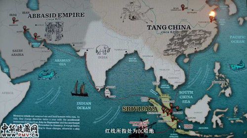 “黑石号”可能的路线图及沉船地点。本网记者 丁刚摄