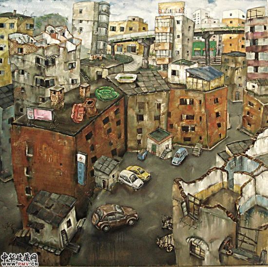 石?,空城计之老街,200x200cm,布面油彩,2010 石?,空城计之老街,200x200cm,布面油彩,2010