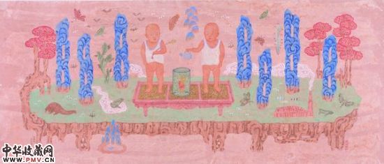 潘信华 2009 《浴佛图》彩墨 90x210cm 亚洲艺术中心