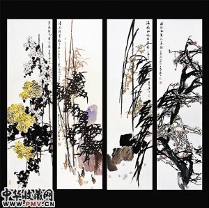 郭方颐作品《梅兰菊竹》四条屏近日在鹏宝轩艺术馆展出。深圳商报记者 钟华生 摄