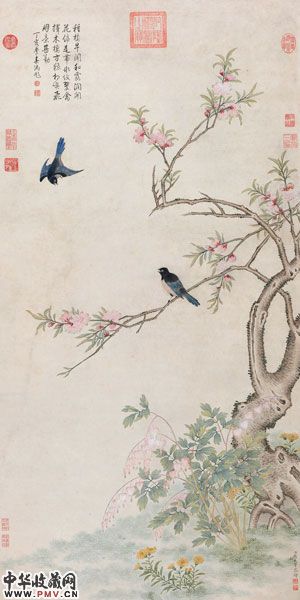 杨大章《碧桃翠雀》