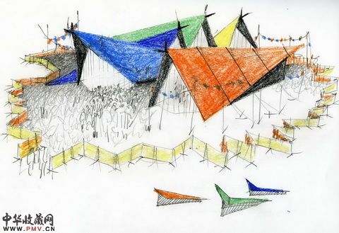 蓬皮杜中心流动博物馆,展厅设计草图,建筑师Patrick Bouchain