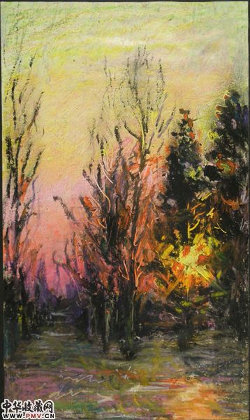 张谊 金色的阳光 11cmx19cm 油画棒 1975.4