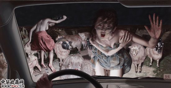 刘溢油画作品《晦在牧羊女》