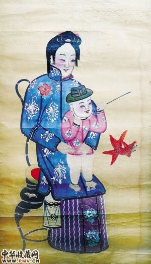 清代母子图年画。