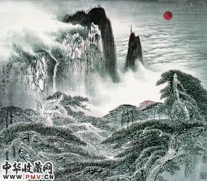 《黄山晨曦图》 1996年 纸本中国画 (158cm×138cm)。