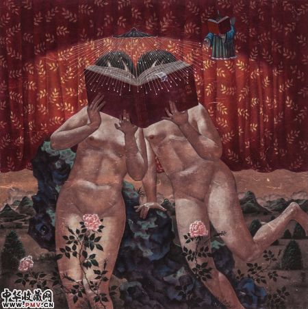 吕鹏《灯下读书图》70x70cm 2013 纸本彩墨