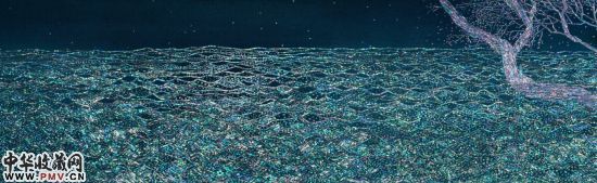 跟随自然 ┃ 布面丙烯，展长清漆，间举 贝壳  ┃ 50 x 162cm ┃ 2013