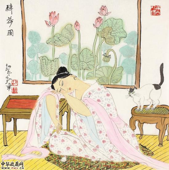 胡永凯  醉荷图  68cm×68cm