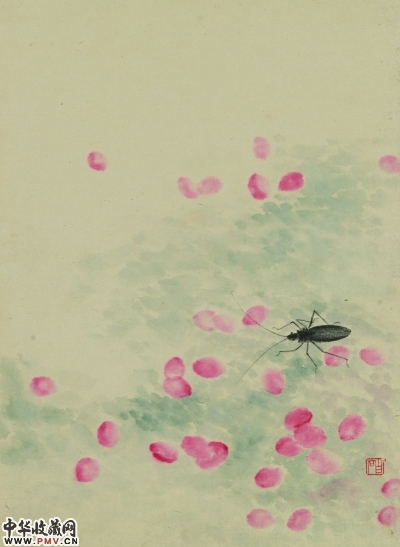 落花甲虫 草虫册页十二开之十二（国画）