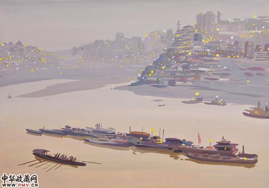 华灯初上的办收嘉陵江36×53CM水粉1975年