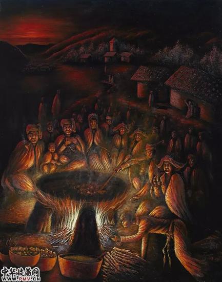 曲比哈布 《火塘温暖15号》100×80cm　布面油画.webp