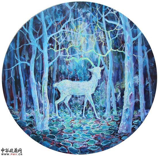 谧鹿，布面丙烯，直径60cm,2015