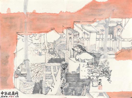 张大箴‘’止于楼戏 57cm×43cm 纸本水墨 2015‘’