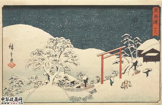 雪中的神社入口　　第48景《关宿》，摘自《东海道五十三次》系列　　约1851-1852年由丸屋清次郎发行　　歌川广重（1797-1858）创作的浮世绘。　　鲍氏东方艺术馆　　Marian Gérard ? Fondation Baur， Genève
