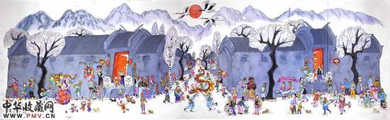 翟鹰《胡同闹元宵》纸本设色120x40cm 2015