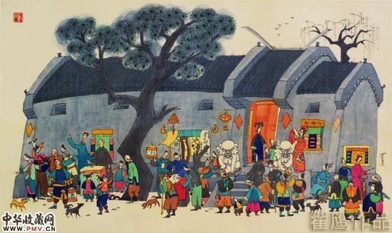 翟鹰《胡同献艺图》32X62cm绢本水墨1994