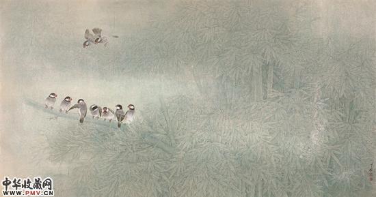 鸟啭绿筱拂烟波，周中耀，2011 年，纸本设色，66cm×137cm