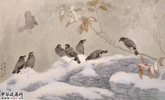 瑞雪有约，周中耀，2010 年，纸本设色，63cm×100cm