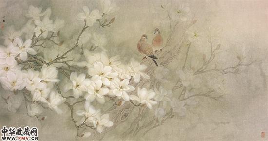 玉兰双鸠，周中耀，2012 年，纸本设色，90cm×173cm