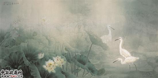 洞庭晨霭，周中耀，2012 年，纸本设色，120cm×240cm