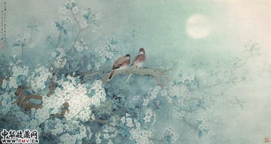 梨花影疑纷纷雪，周中耀，2012 年，纸本设色，90cm×173cm