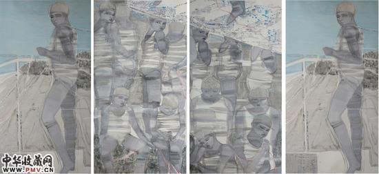 王琳《走过的孩子含有黄金》纸本设色  180cmx380cm  2012