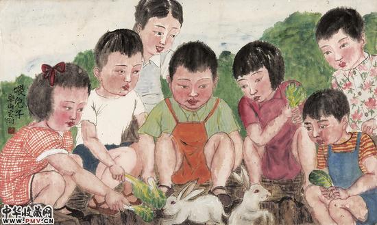 窦良羽《喂兔子》纸本设色  48cmx75cm  2016