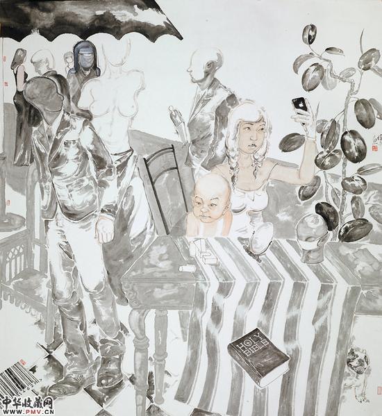 韩佳男《朋友圈》纸本设色  200cmx200cm  2015