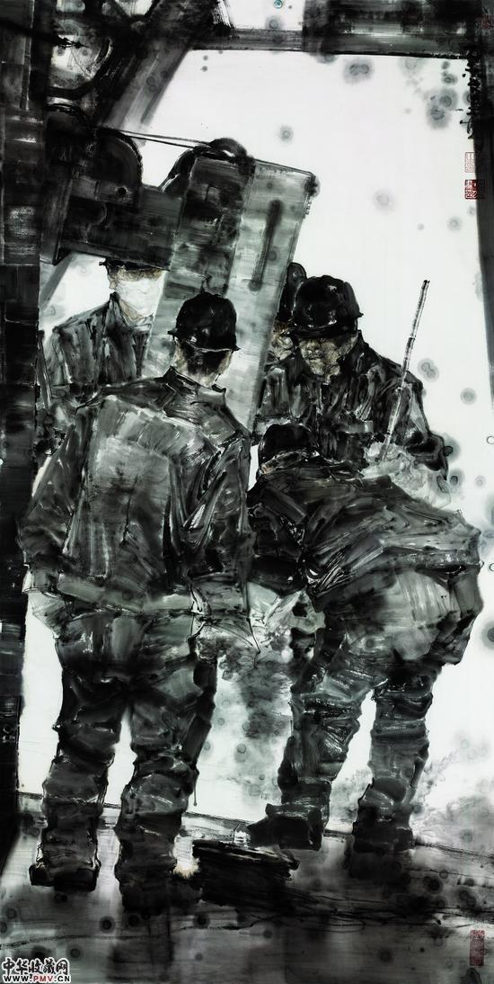 沙鋼敘事 檢修鋼爐的人-100X200cm-张文来-紙本水墨-2015年