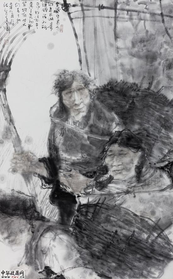 收集牛糞的藏婦- 张文来-紙本水墨105×66cm-2011年