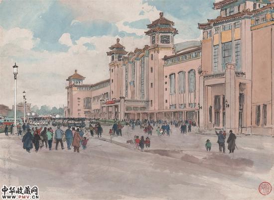 竣工的北京火车站1959年 28.5X39.5cm 纸本彩墨 
