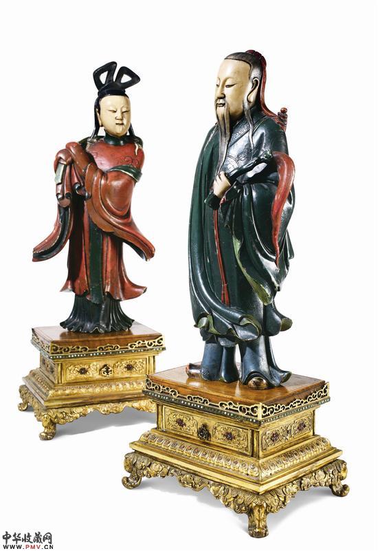 2#2 清初  寿山石雕加彩八仙人物摆件两件