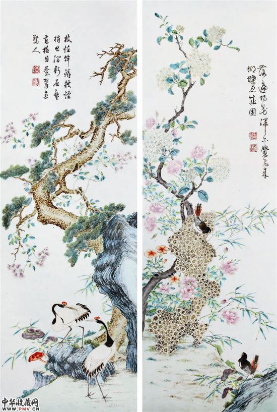 3#3 清乾隆 唐英制粉彩洞石花卉纹瓷板一对